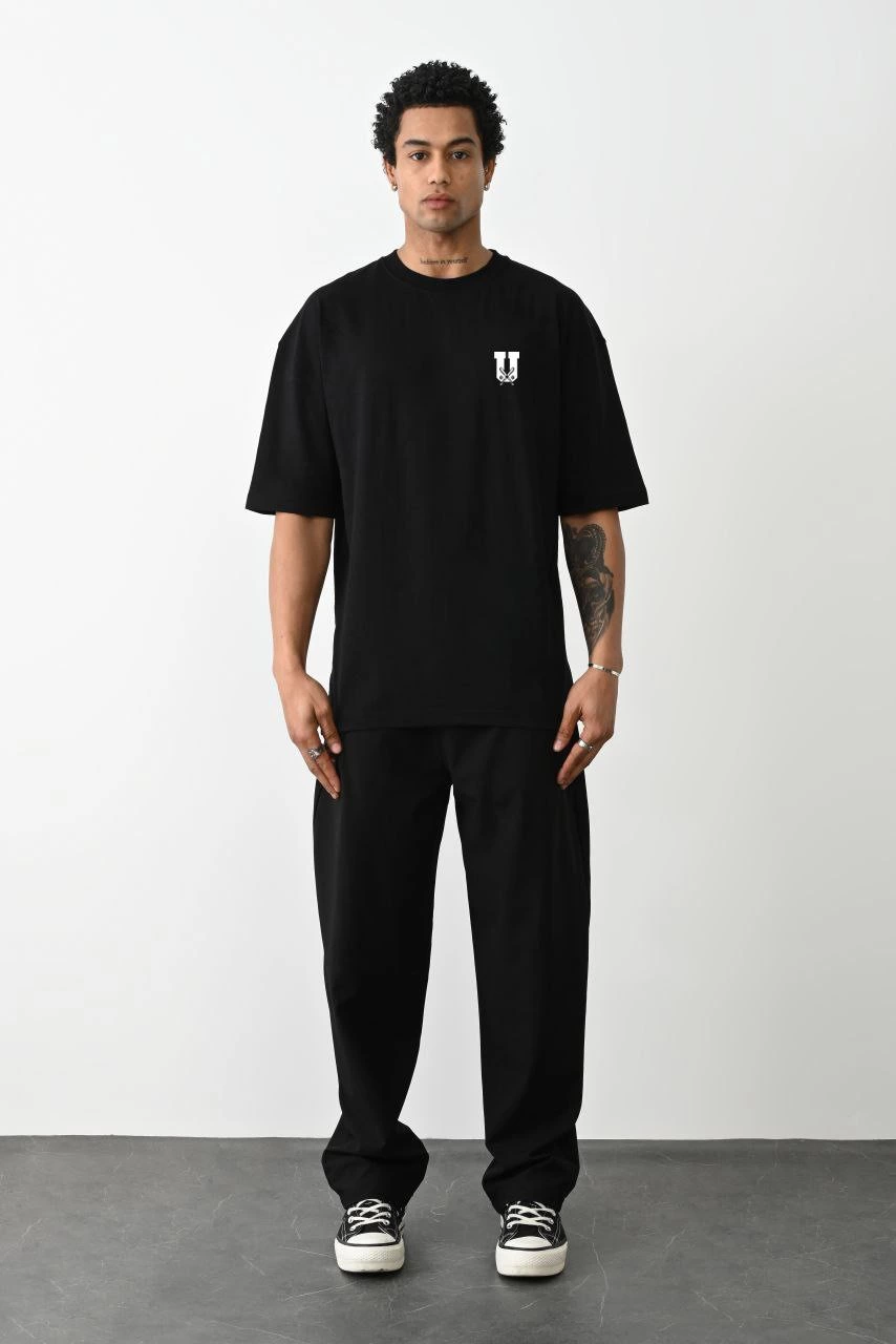 Erkek Kısa Kol Yazlık Tişört Bisiklet Yaka Baskılı Oversize T-Shirt - Siyah