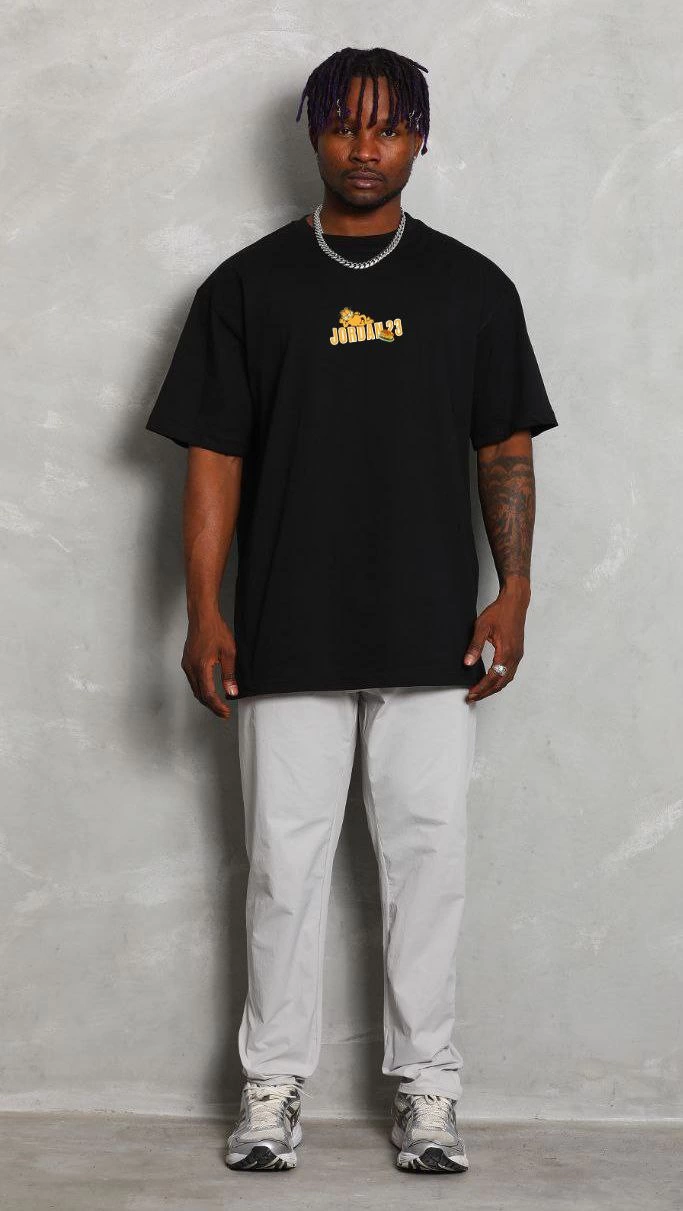 Erkek Kısa Kol Yazlık Tişört Bisiklet Yaka Baskılı Oversize T-Shirt - Siyah