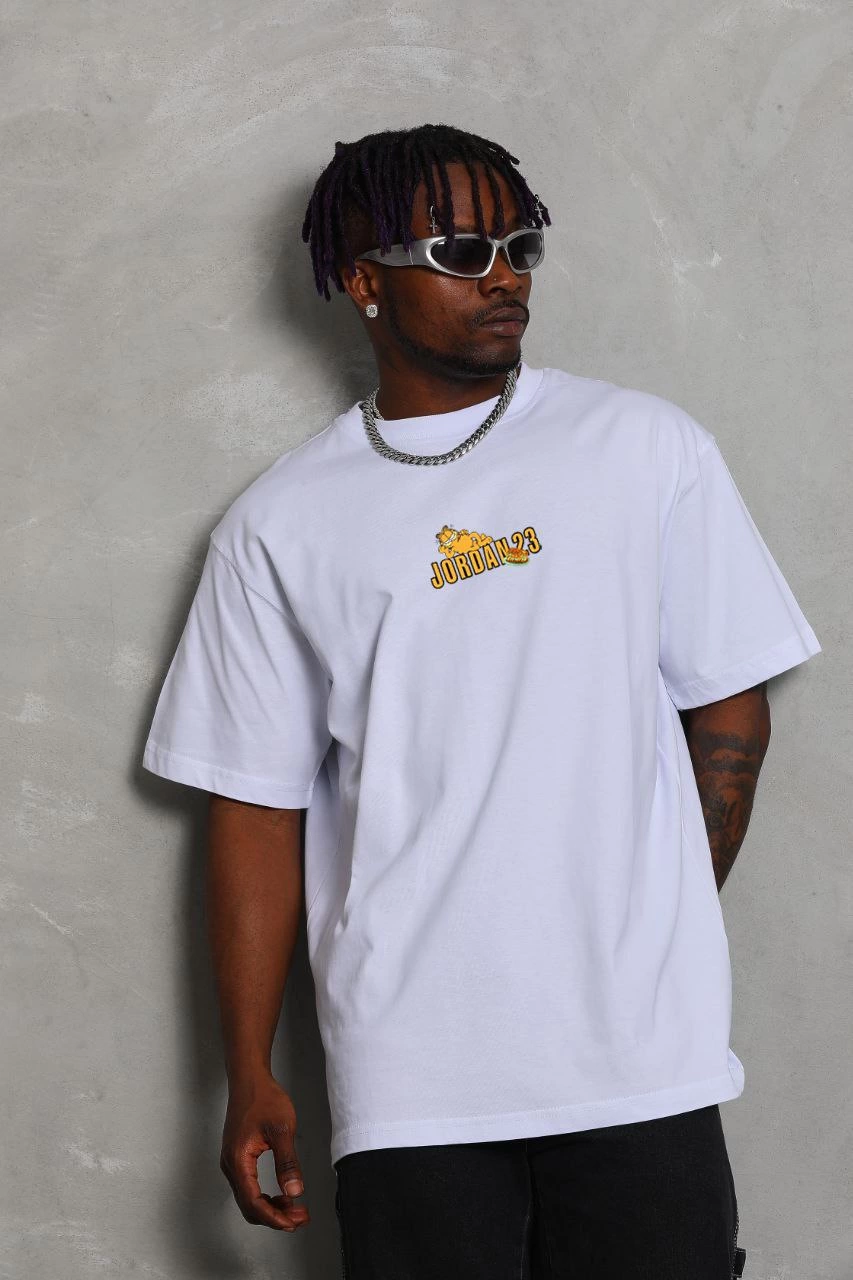 Erkek Kısa Kol Yazlık Tişört Bisiklet Yaka Baskılı Oversize T-Shirt - Beyaz
