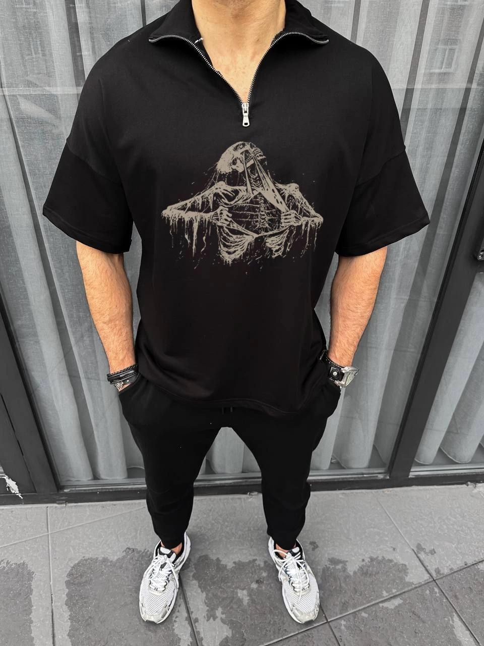Erkek Yarım Fermuarlı Baskılı Oversize T-Shirt - Siyah