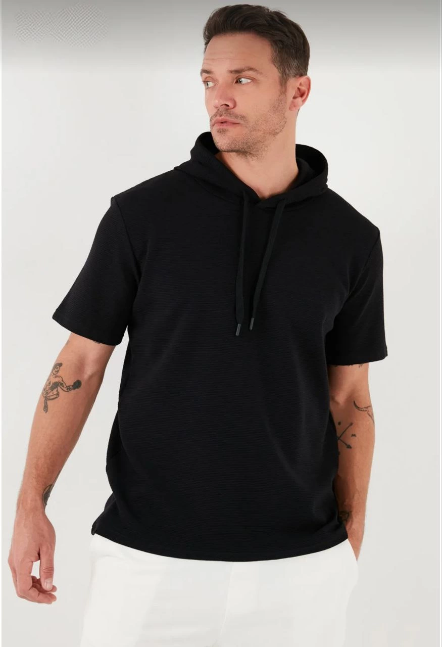 Erkek Kapüşonlu Tişört Kısa Kol Düz Oversize T-shirt - Siyah