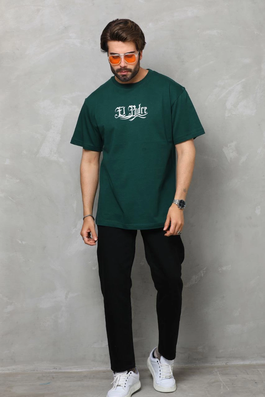 Erkek Kısa Kol Yazlık Tişört Bisiklet Yaka Baskılı Oversize T-Shirt - Yeşil