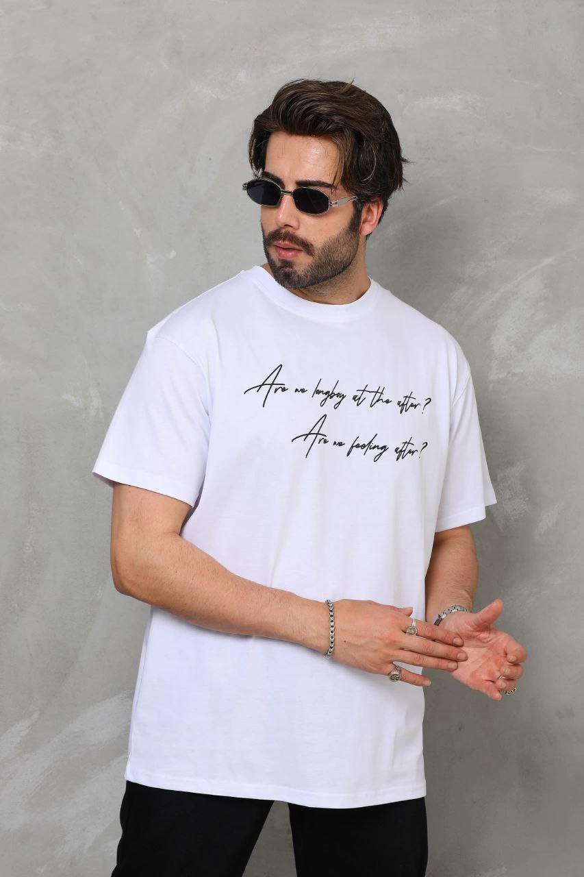 Erkek Kısa Kol Yazlık Tişört Bisiklet Yaka Baskılı Oversize T-Shirt - Beyaz