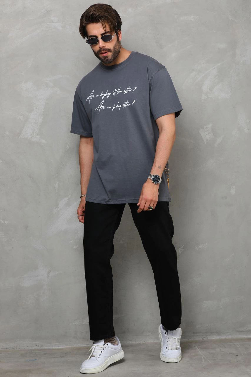 Erkek Kısa Kol Yazlık Tişört Bisiklet Yaka Baskılı Oversize T-Shirt - Füme