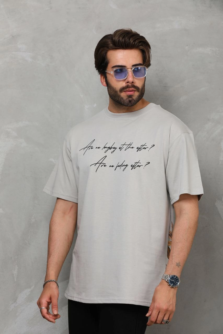 Erkek Kısa Kol Yazlık Tişört Bisiklet Yaka Baskılı Oversize T-Shirt - Gri