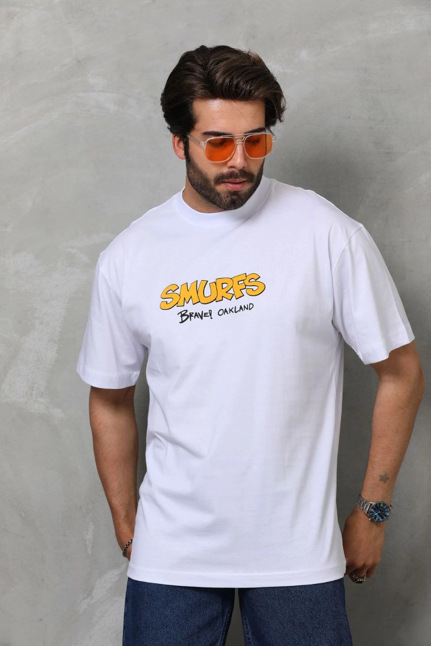 Erkek Kısa Kol Yazlık Tişört Bisiklet Yaka Baskılı Oversize T-Shirt - Beyaz
