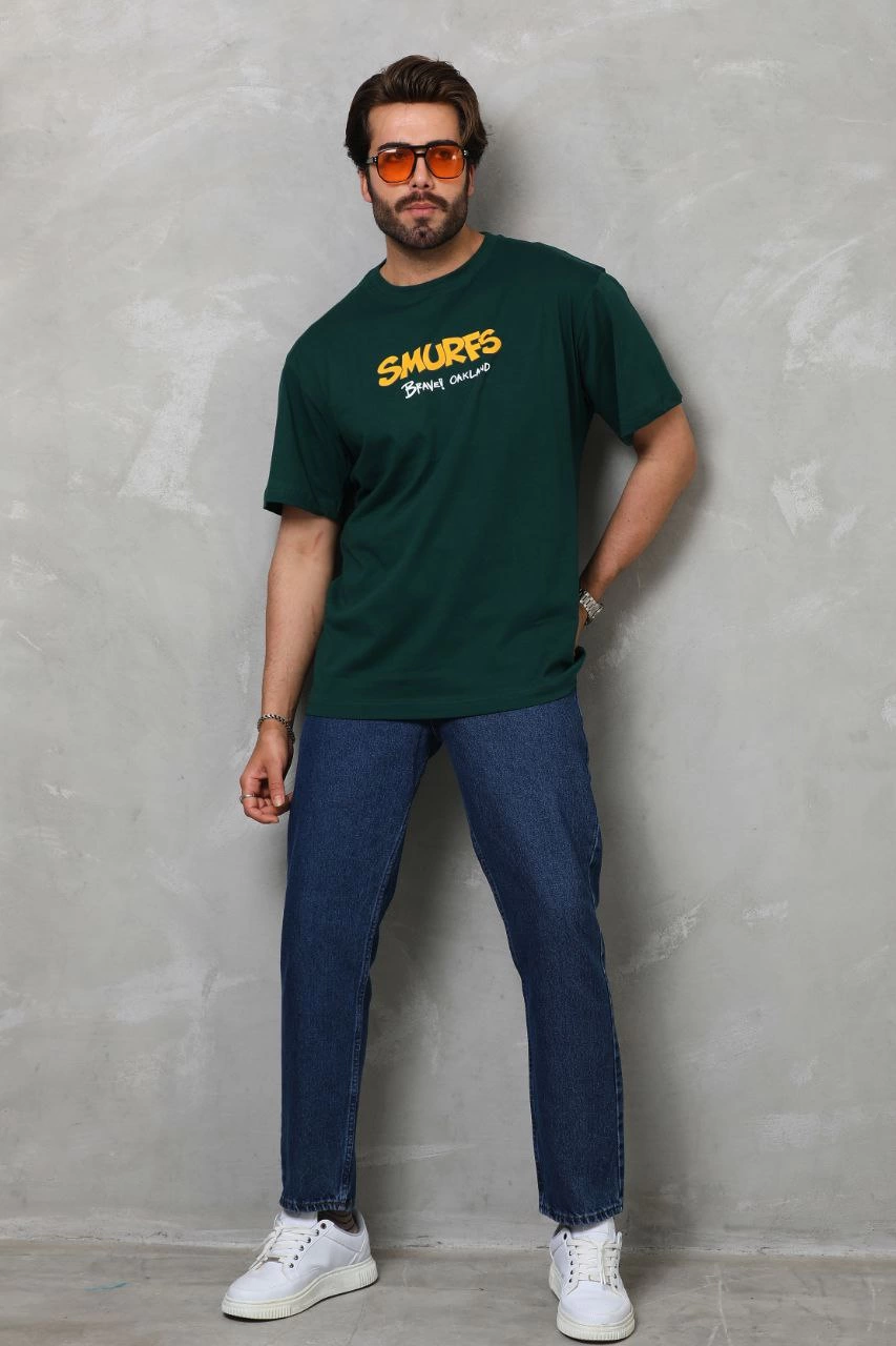 Erkek Kısa Kol Yazlık Tişört Bisiklet Yaka Baskılı Oversize T-Shirt - Yeşil