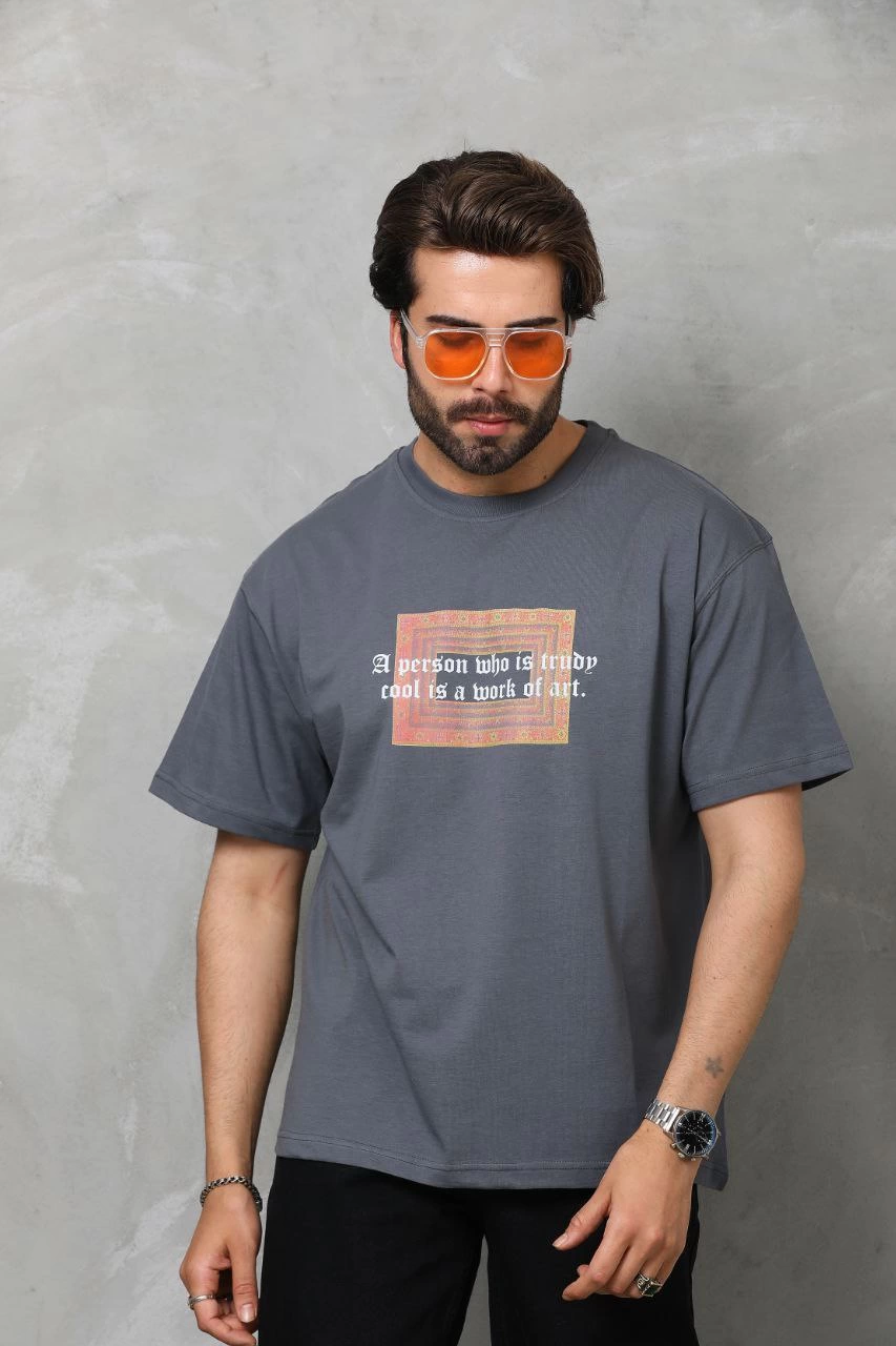 Erkek Baskılı T-Shirt Kısa Kol Bisiklet Yaka Regular Fit Rahat Kalıp Tişört -  Füme