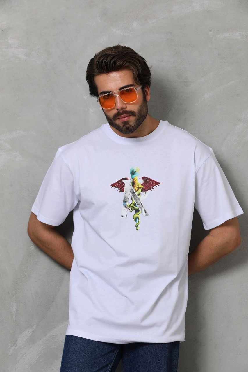 Erkek Baskılı T-Shirt Kısa Kol Bisiklet Yaka Regular Fit Rahat Kalıp Tişört -  Beyaz