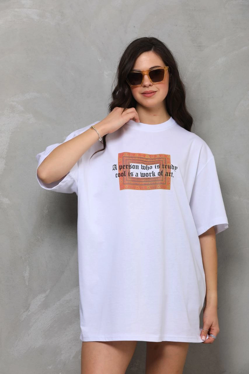 Kadın Baskılı T-Shirt Kısa Kol Bisiklet Yaka Oversize Rahat Kalıp Tişört - Beyaz
