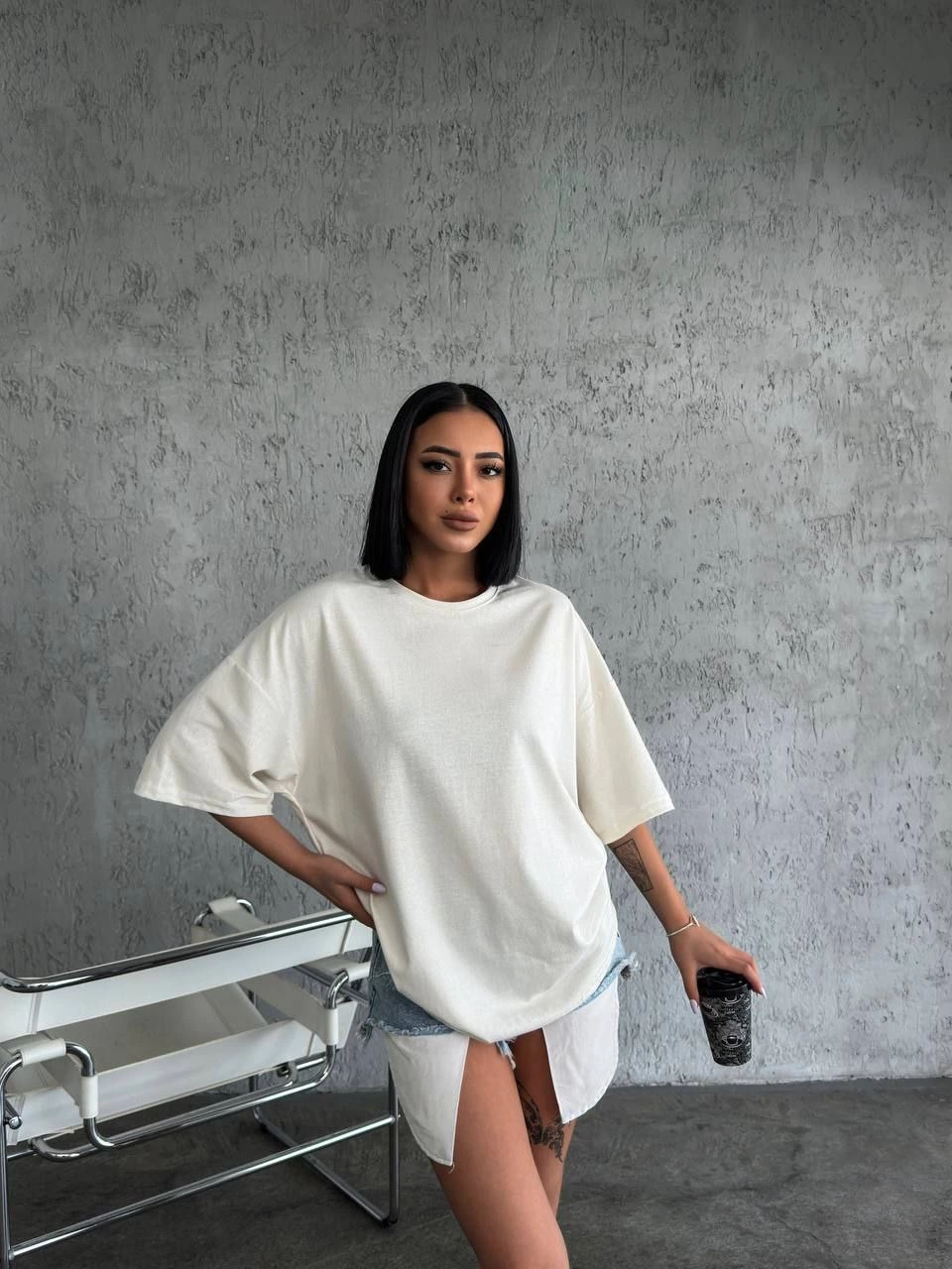 Kadın Düz T-Shirt Kısa Kol Bisiklet Yaka Oversize Rahat Kalıp Günlük Tişört - Beyaz