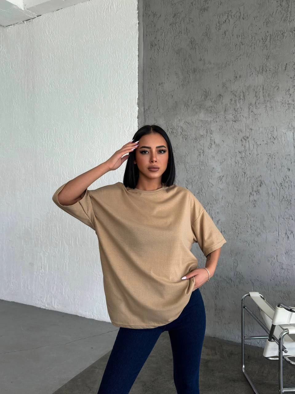 Kadın Düz T-Shirt Kısa Kol Bisiklet Yaka Oversize Rahat Kalıp Günlük Tişört - Bej