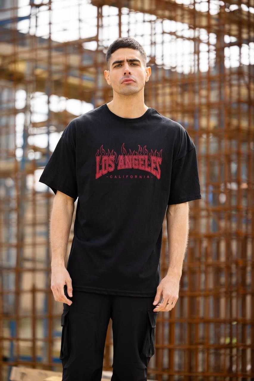 Erkek Kısa Kol Tişört Bisiklet Yaka LOS ANGELES  Baskılı T-Shirt - Siyah