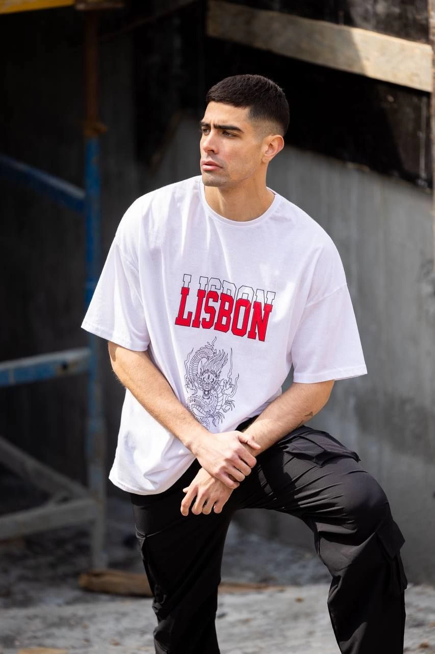 Erkek Kısa Kol Yazlık Tişört Bisiklet Yaka Baskılı Oversize T-Shirt - Beyaz