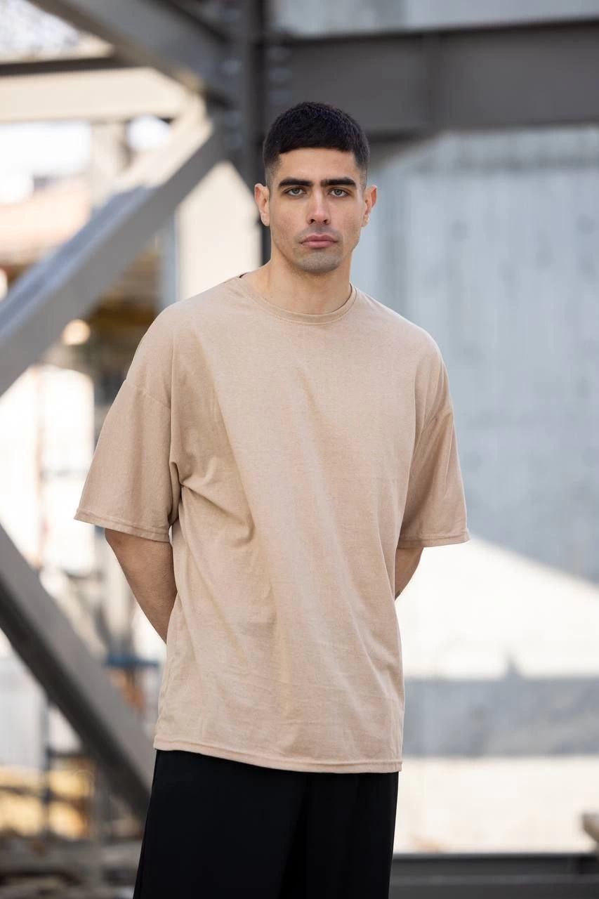 Erkek Düz T-Shirt Kısa Kol Bisiklet Yaka Regular Fit Rahat Kalıp Günlük Tişört - Bej