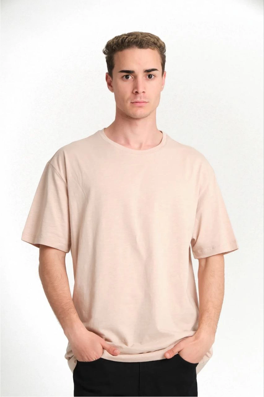 ERKEK Düz Tişört Bisikilet Yaka Kısa Kol Oversize T-shirt - Bej