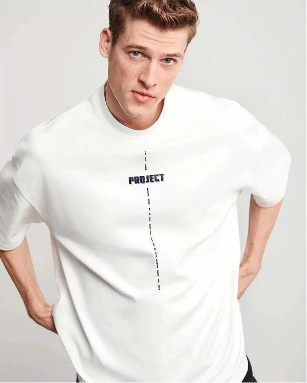 Erkek Kısa Kol Yazlık Tişört Bisiklet Yaka Baskılı Oversize T-Shirt - Beyaz