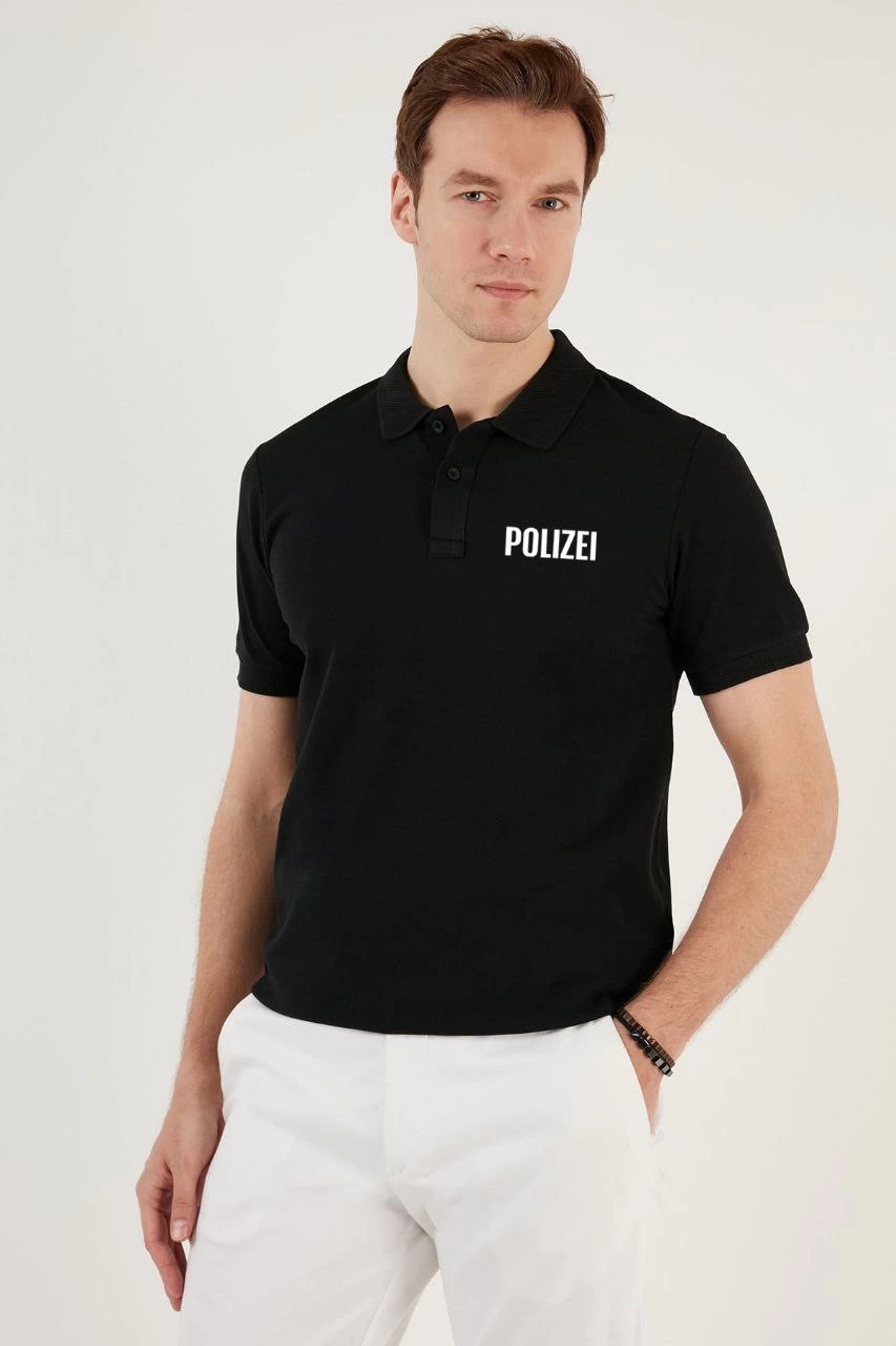 Erkek Polo Yaka Tişört Düğmeli Pike Baskılı T-Shirt - Siyah