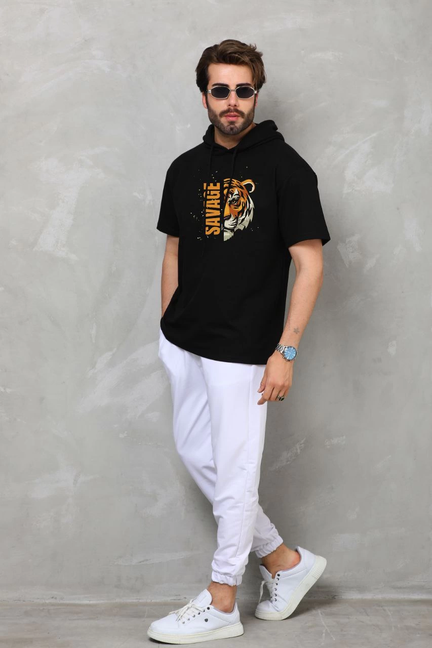 Erkek Kapüşonlu Kısa Kol Oversize Baskılı T-Shirt - Siyah