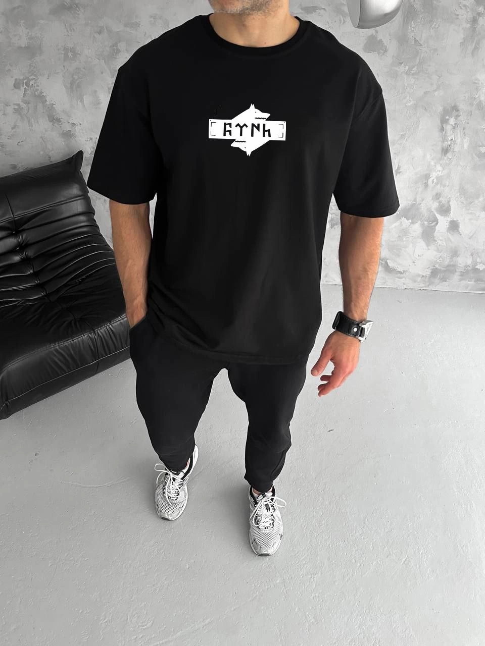 Erkek Kısa Kol Yazlık Tişört Bisiklet Yaka Baskılı Oversize T-Shirt - Siyah
