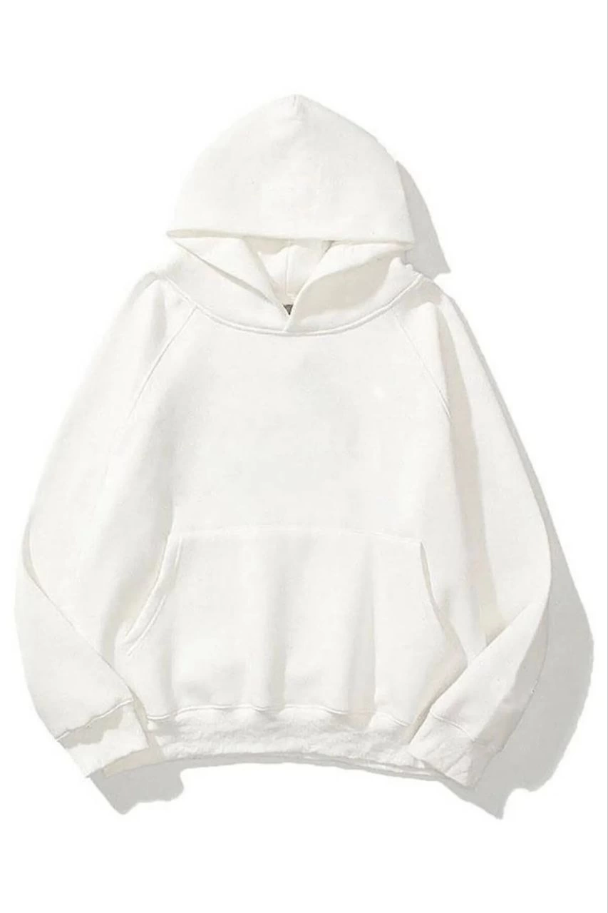 Kadın Kapüşonlu Kanguru Cepli 3 İplik Pamuklu Düz Hoodie Sweatshirt - Beyaz