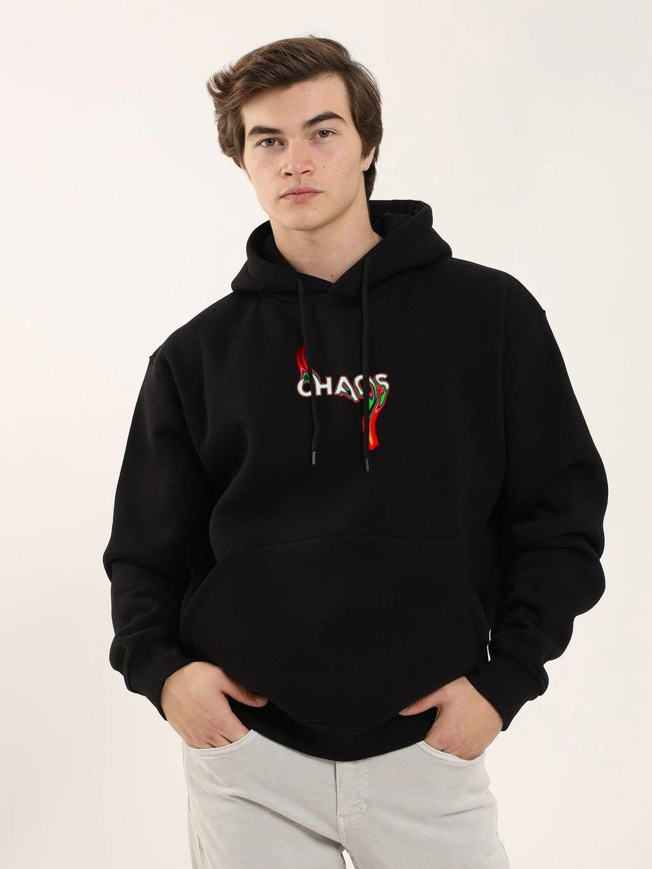 Erkek 3 İplik Pamuklu Kapüşonlu Baskılı Cepli Oversize Sweatshirt Hoodie - Siyah