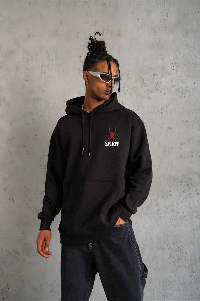 Erkek 3 İplik Pamuklu Kapüşonlu Baskılı Cepli Oversize Sweatshirt Hoodie - Siyah