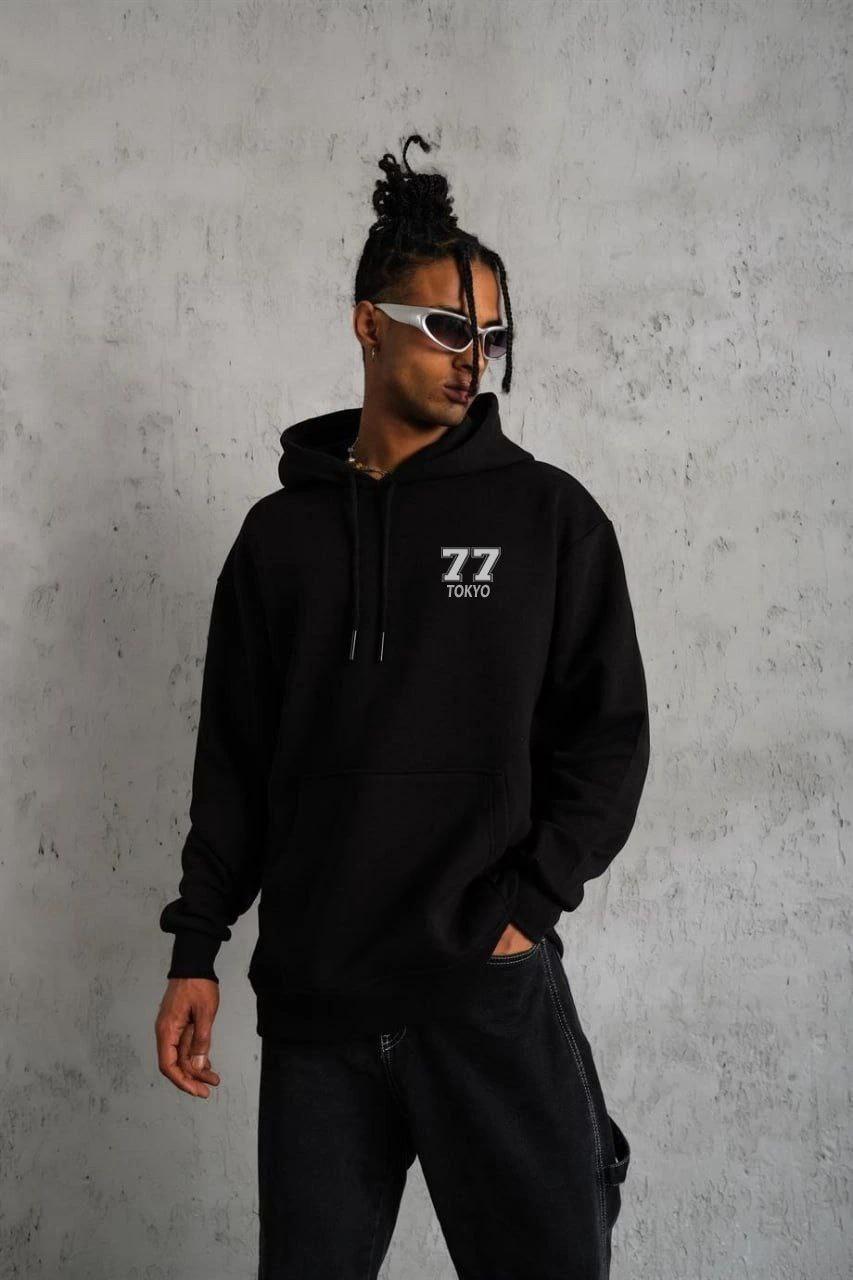 Erkek 3 İplik Pamuklu Kapüşonlu Baskılı Cepli Oversize Sweatshirt Hoodie - Siyah