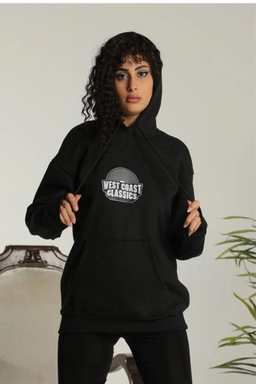 Kadın Oversize Kapüşonlu Cepli Baskılı 3 İplik Pamuklu Hoodie Sweatshirt - Siyah