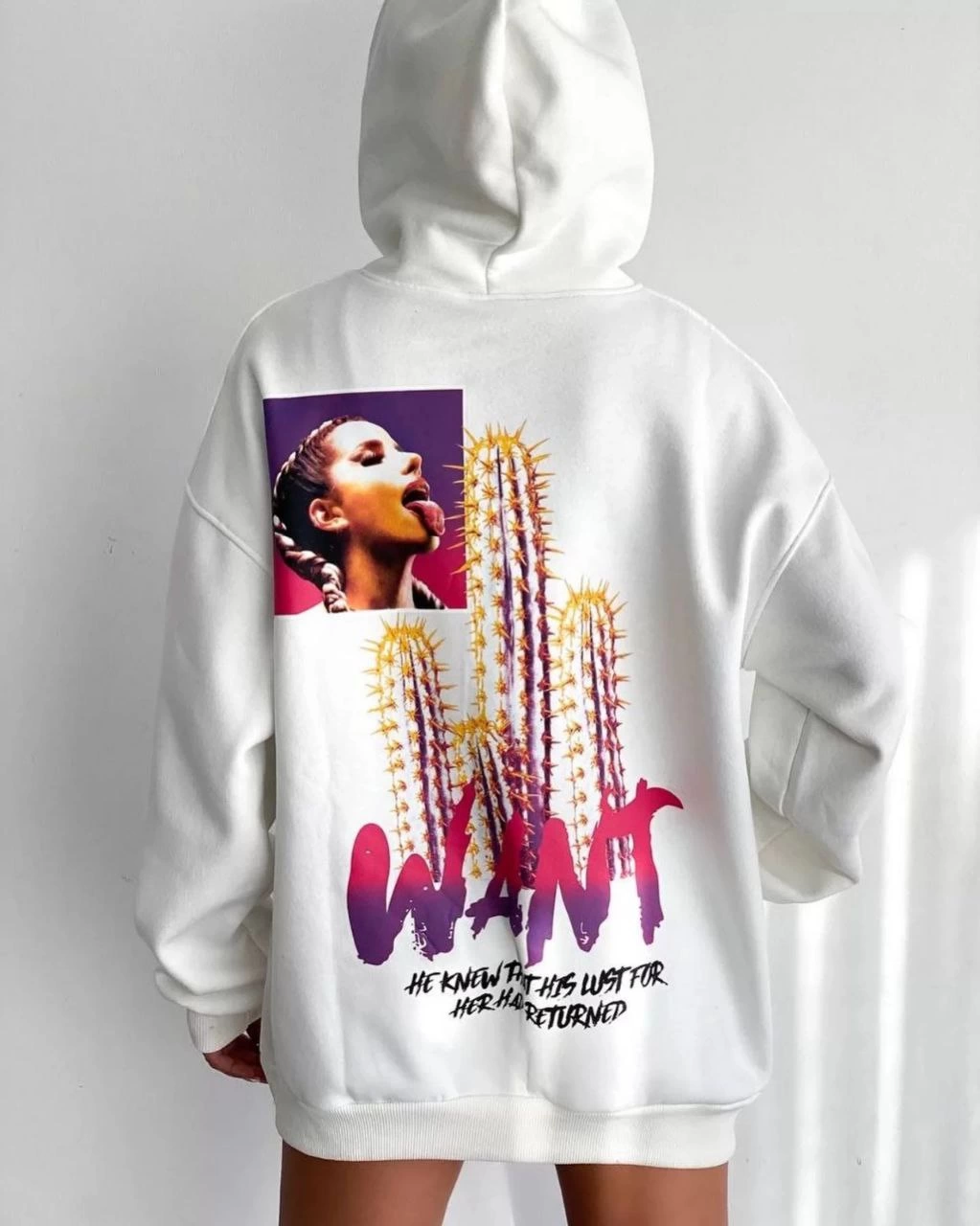 Kadın Oversize Kapüşonlu Cepli WANT Baskılı 3 İplik Pamuklu Hoodie Sweatshirt - Beyaz