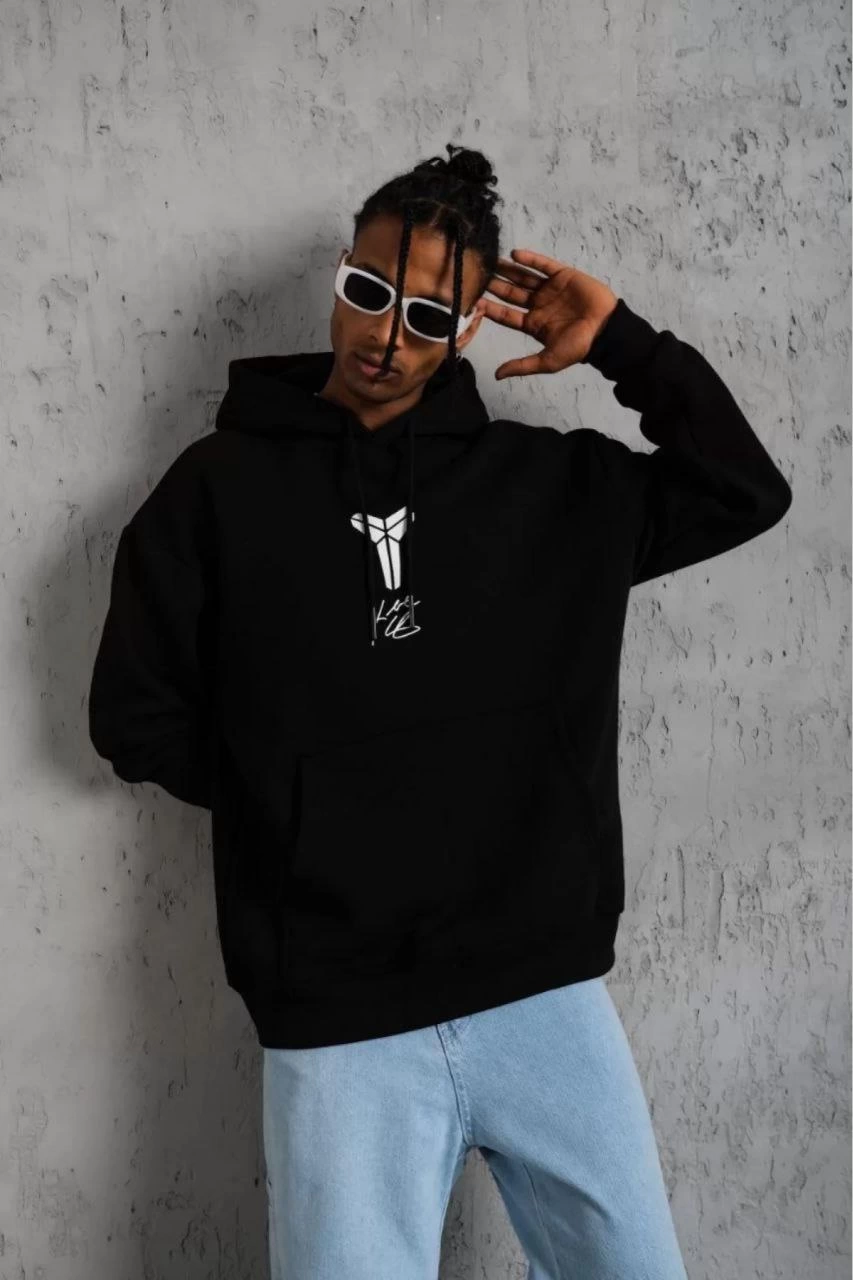 Erkek 3 İplik Pamuklu Kapüşonlu Kanguru Cepli Baskılı Oversize Hoodie Sweatshirt - Siyah