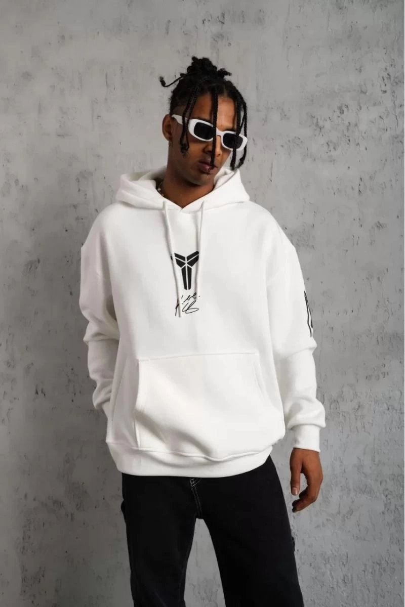 BErkek 3 İplik Pamuklu Kapüşonlu Baskılı Cepli Oversize Sweatshirt Hoodie - eyaz