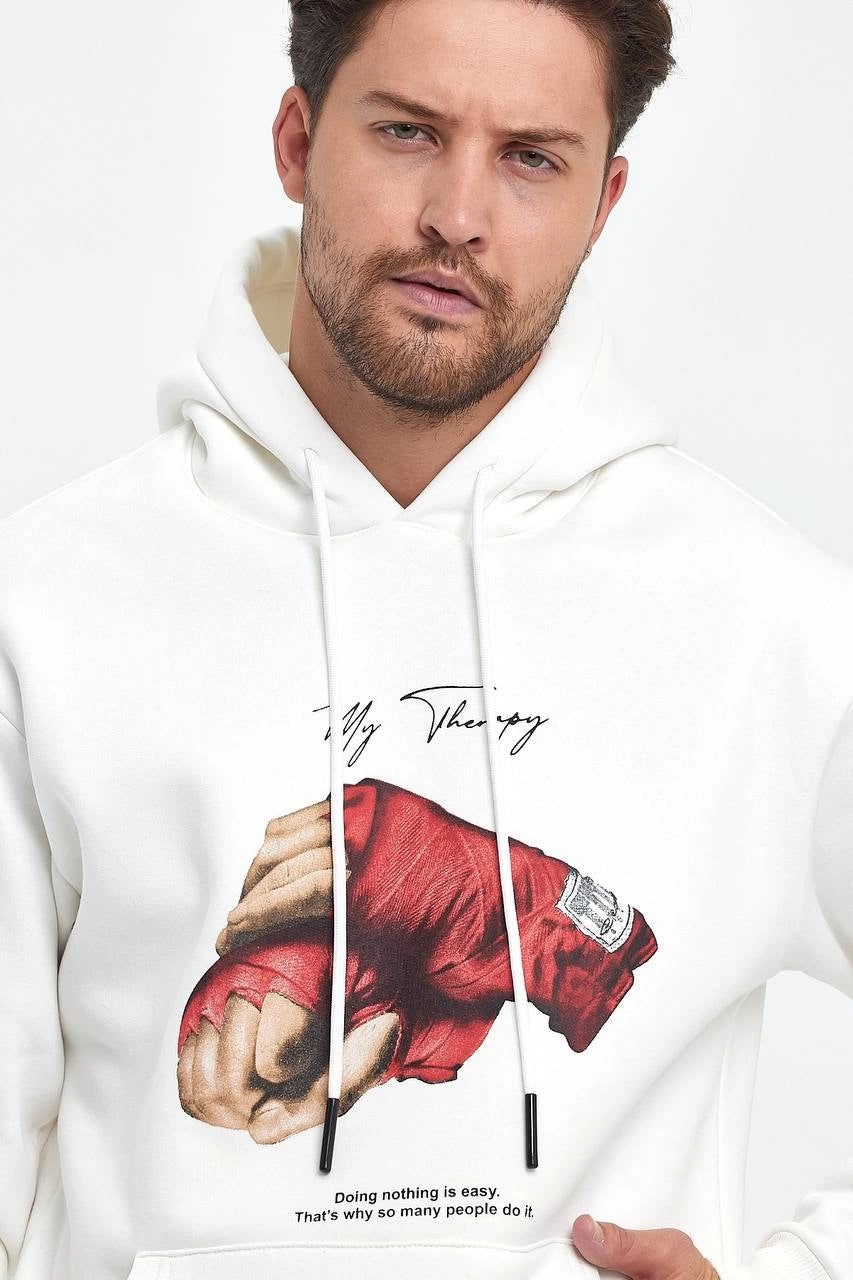 Erkek 3 İplik Pamuklu Kapüşonlu Cepli Box Eldiven Baskılı Hoodie Sweatshirt - Beyaz