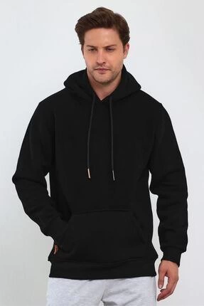 Erkek 3 İplik Pamuklu Kapüşonlu Cepli Oversize Hoodie Sweatshirt - Siyah