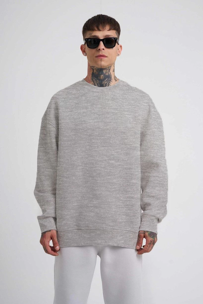 ERKEK Bisikilet Yaka 3 İplik Pamuklu SweatShirt - Gri
