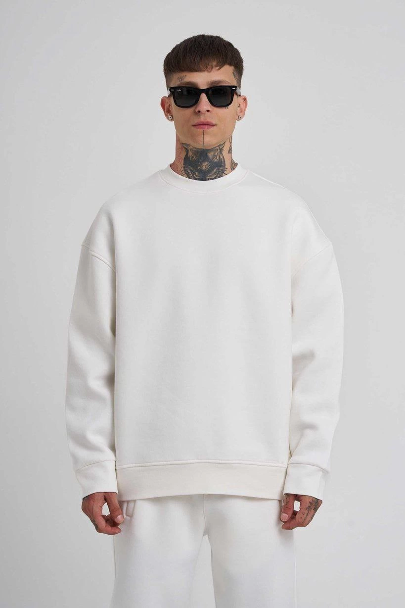 ERKEK Bisikilet Yaka 3 plik Pamuklu SweatShirt - Beyaz