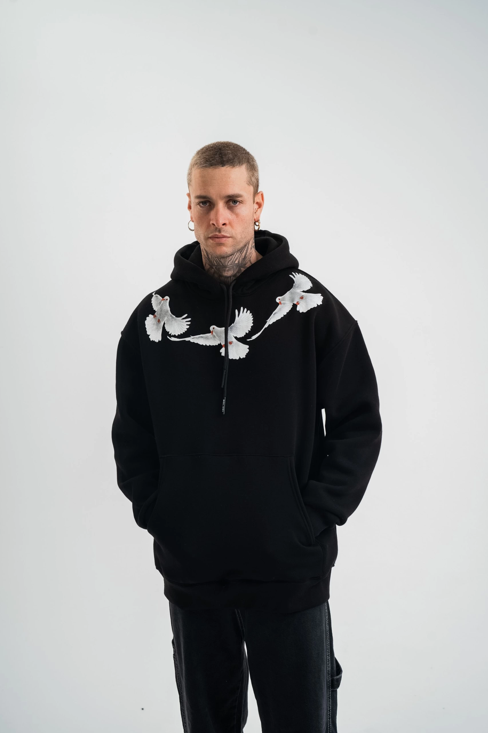 Erkek 3 İplik Pamuklu Kapüşonlu Baskılı Cepli Oversize Sweatshirt Hoodie - Siyah