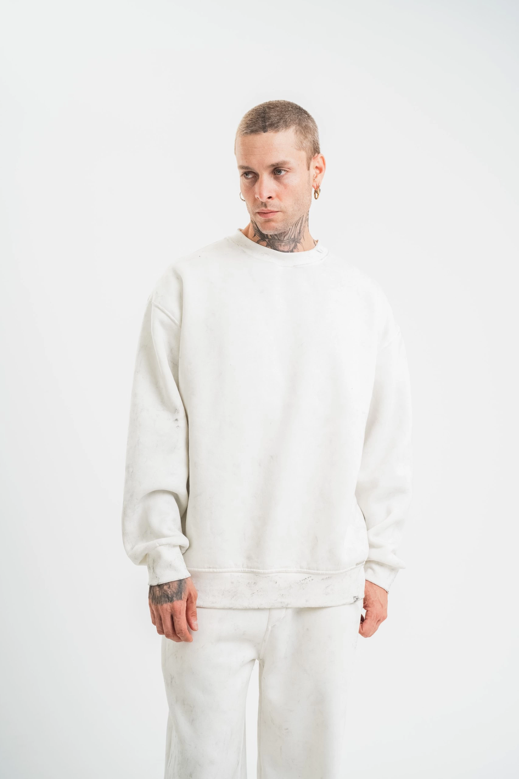 ERKEK 3 İplik Pamuklu Bisiklet Yaka Yıkamalı SweatShirt - Beyaz