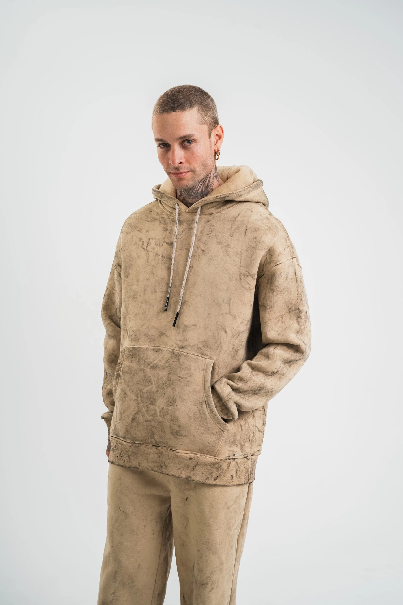 ERKEK 3 iplik Pamuklu Oversize Kapüşonlu Yıkamalı Hoodie SweatShirt - Bej