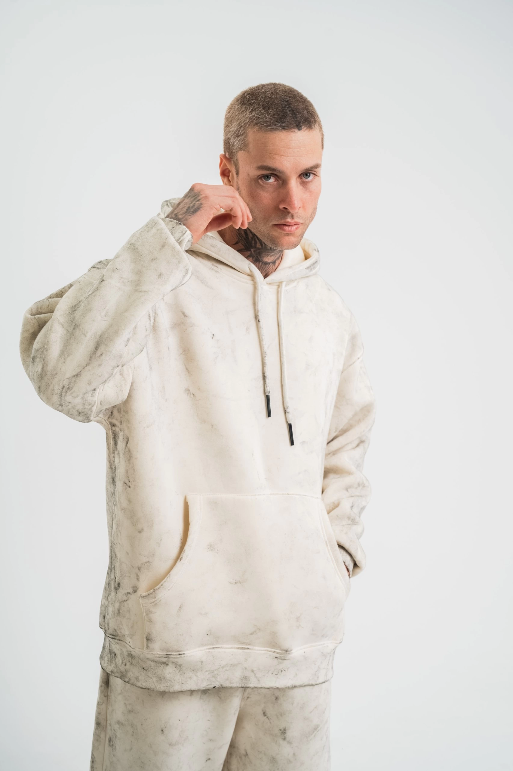 ERKEK  3 iplik Pamuklu Oversize Kapşonlu Yıkamalı SweatShirt Hoodie - Krem