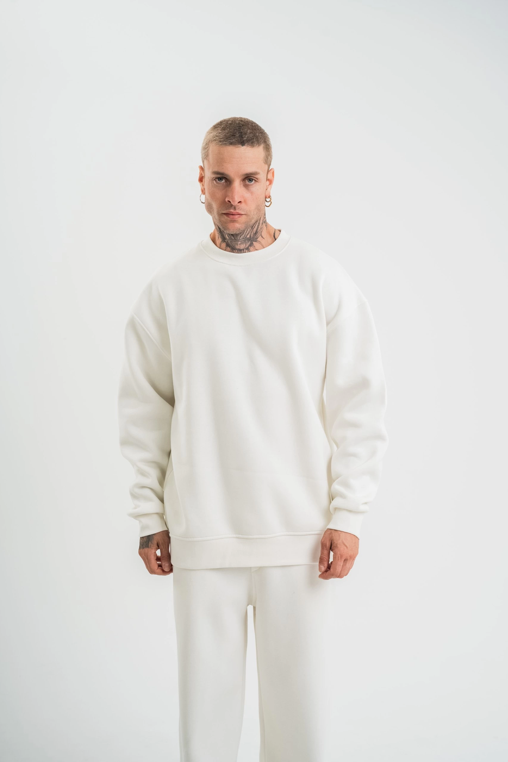 Erkek Uzun Kol Bisiklet Yaka 3 iplik Pamuklu Kışlık SweatShirt  - Beyaz