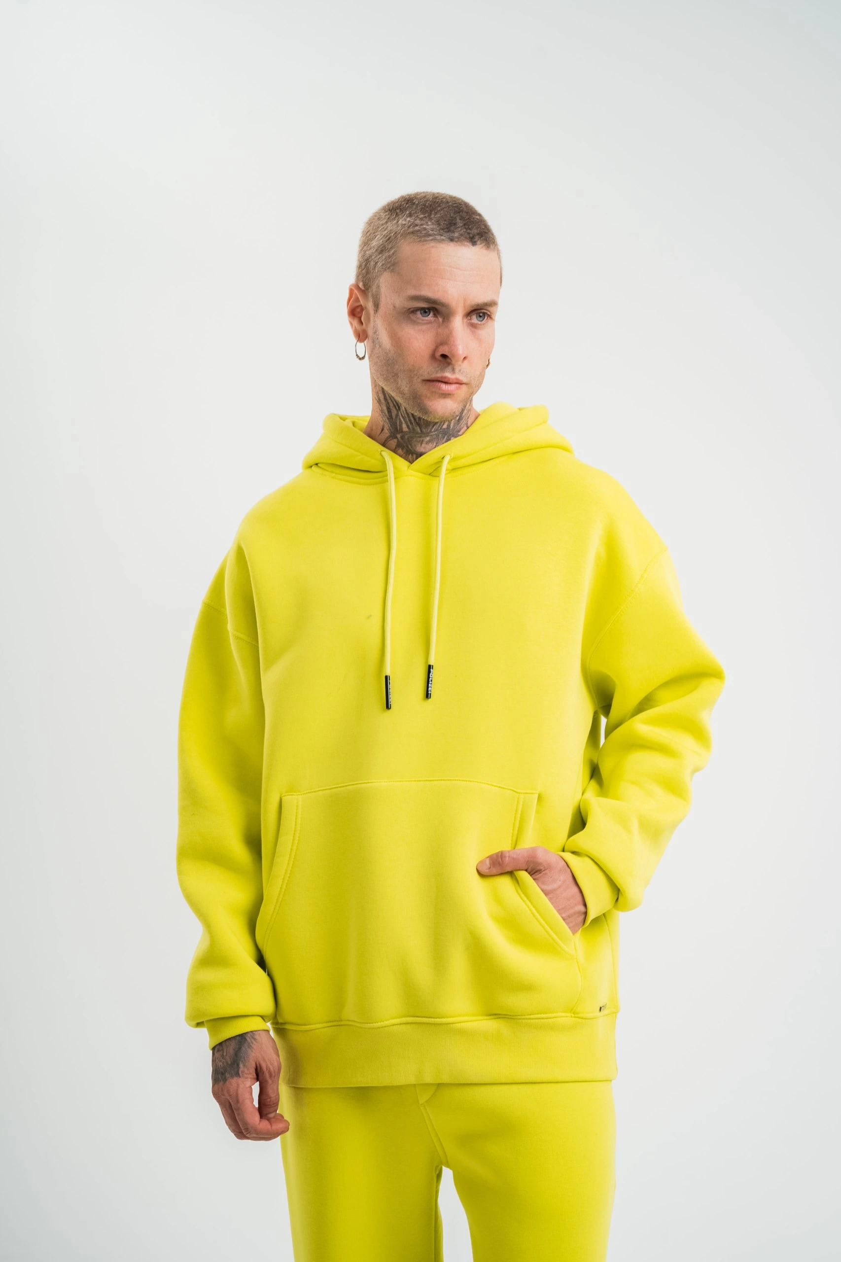 ERKEK 3 İplik Pamuklu Oversize Kapşonlu SweatShirt Hoodie - Sarı