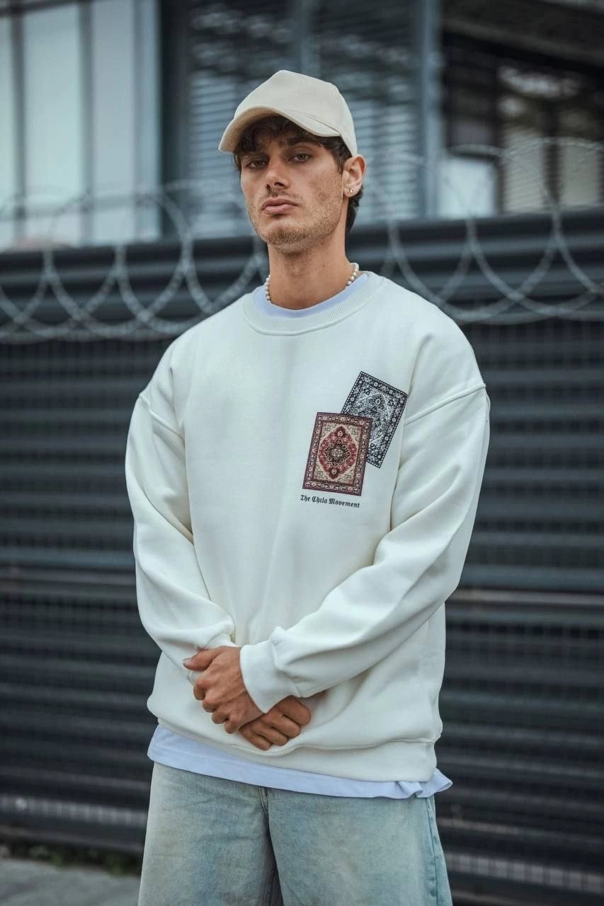 Erkek 3 iplik pamuklu Bisiklet Yaka Baskılı SweatShirt - Beyaz