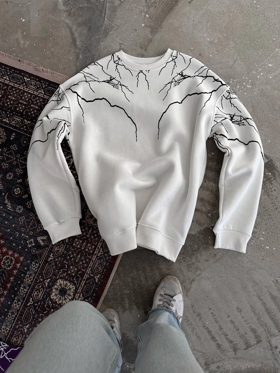 Erkek Yıldırım Baskılı Bisiklet Yaka 3 iplik pamuklu SweatShirt - Beyaz