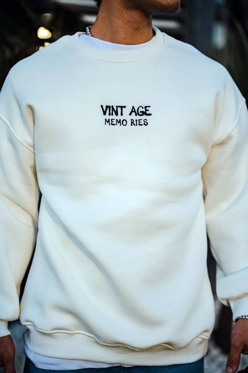 Erkek Bisiklet Yaka 3 İplik pamuklu Baskılı SweatShirt - Beyaz