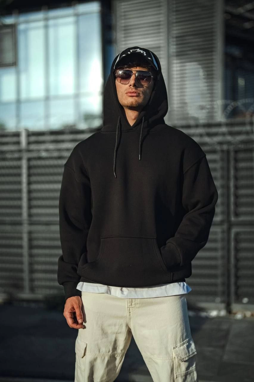 Erkek 3 İplik Pamuklu Kapüşonlu Basic SweatShirt Hoodie - Siyah