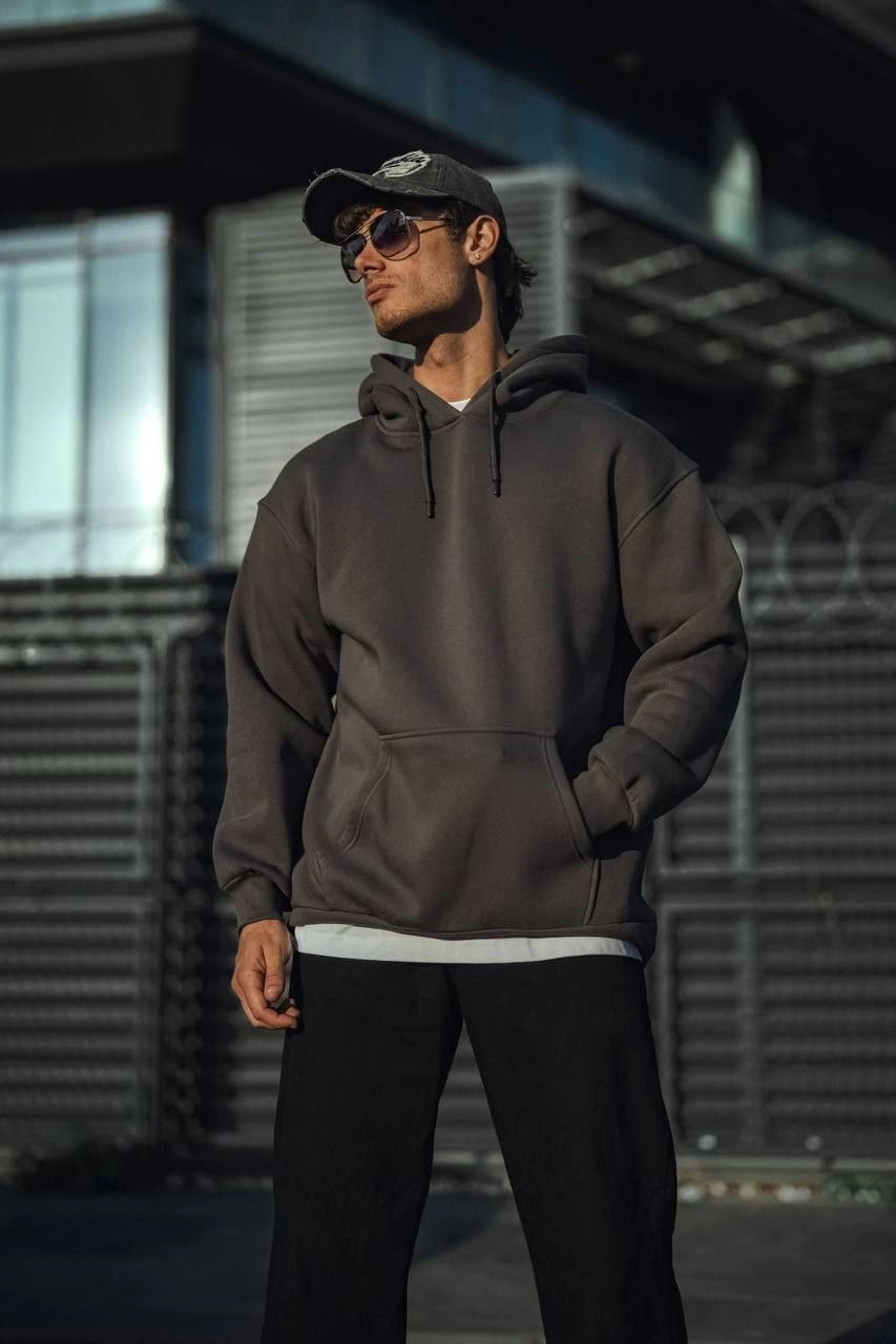 Erkek 3 İplik Pamuklu Kapüşonlu Basic SweatShirt Hoodie - Füme