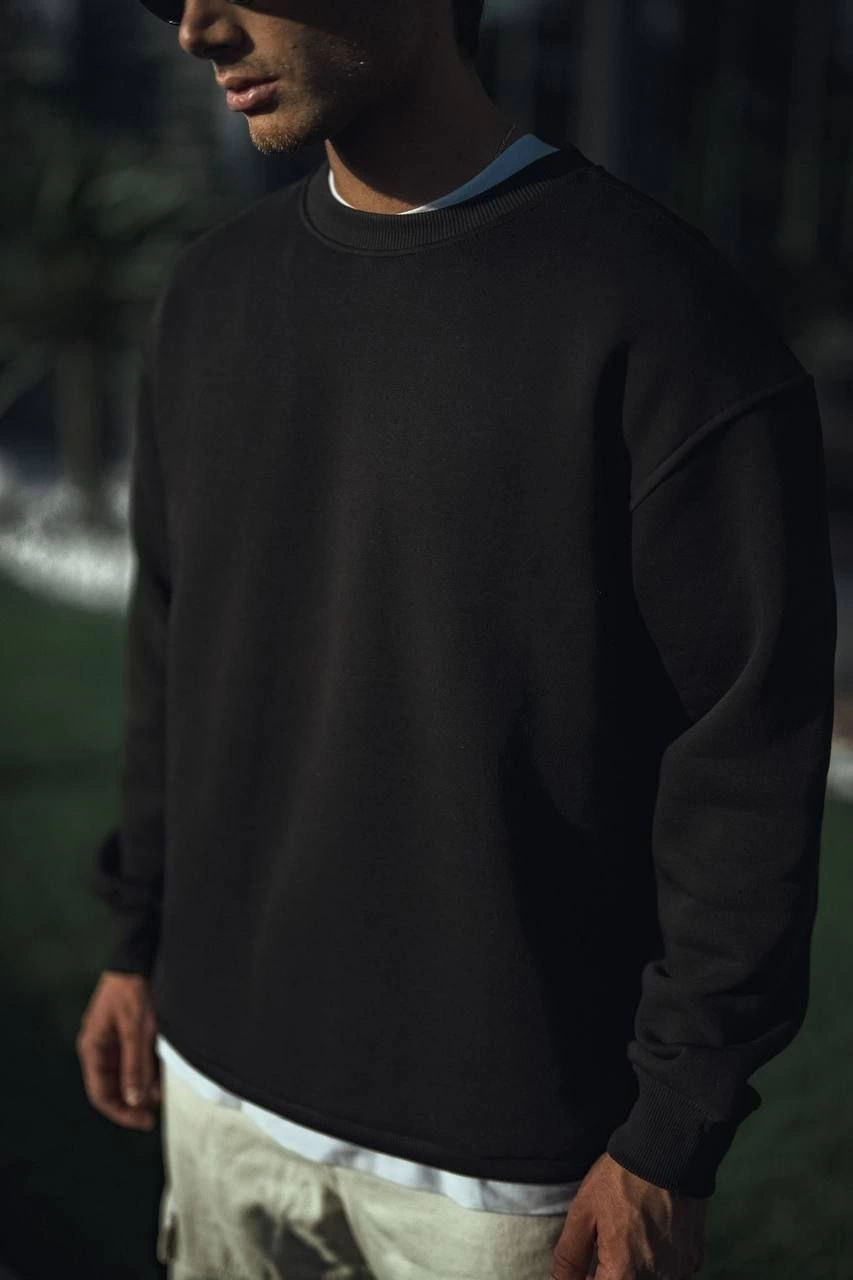 Erkek pamuklu Bisiklet Yaka 3 İplik Basic SweatShirt - Siyah