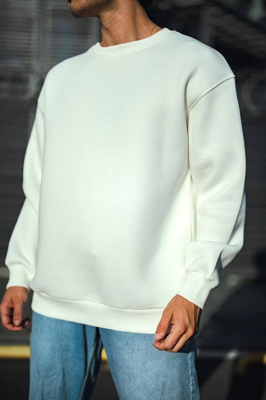 Erkek  Bisiklet Yaka 3 İplik Pamuklu Basic SweatShirt - Beyaz