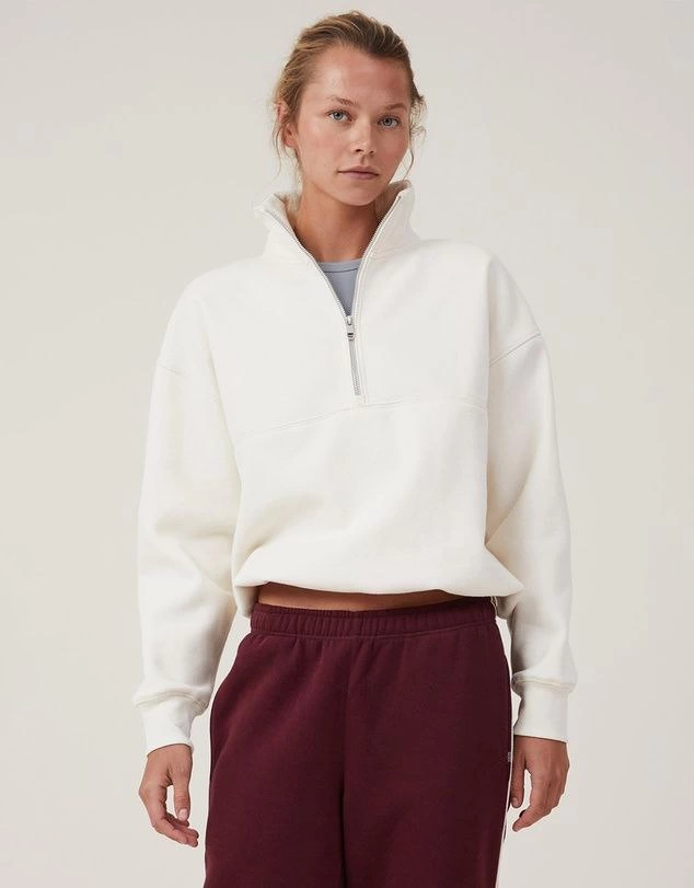 Kadın 3 İplik Pamuklu Oversize Yarım Fermuarlı Yakalı Basic Sweatshirt - Beyaz